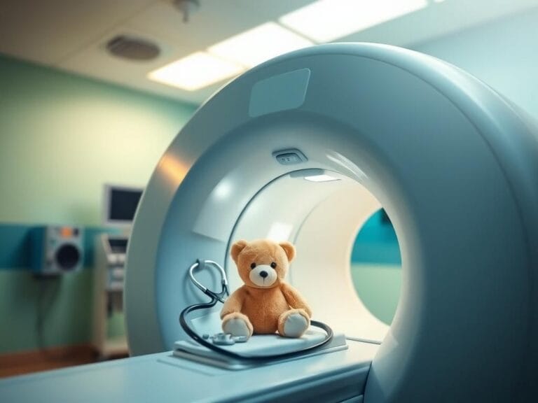 Flick International CT scanner room with a child's toy teddy bear and a stethoscope symbolizing care