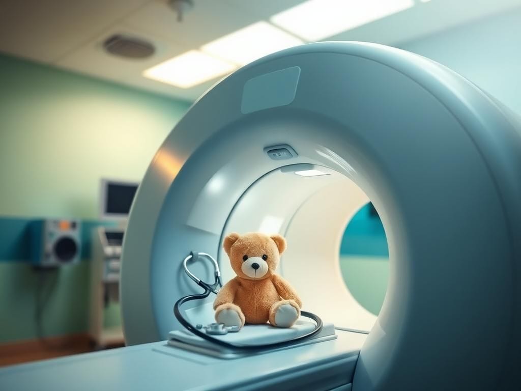 Flick International CT scanner room with a child's toy teddy bear and a stethoscope symbolizing care