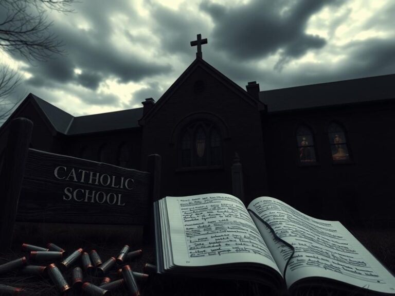 Flick International Dark exterior of a Minneapolis Catholic school showing anti-religious tension after shooting