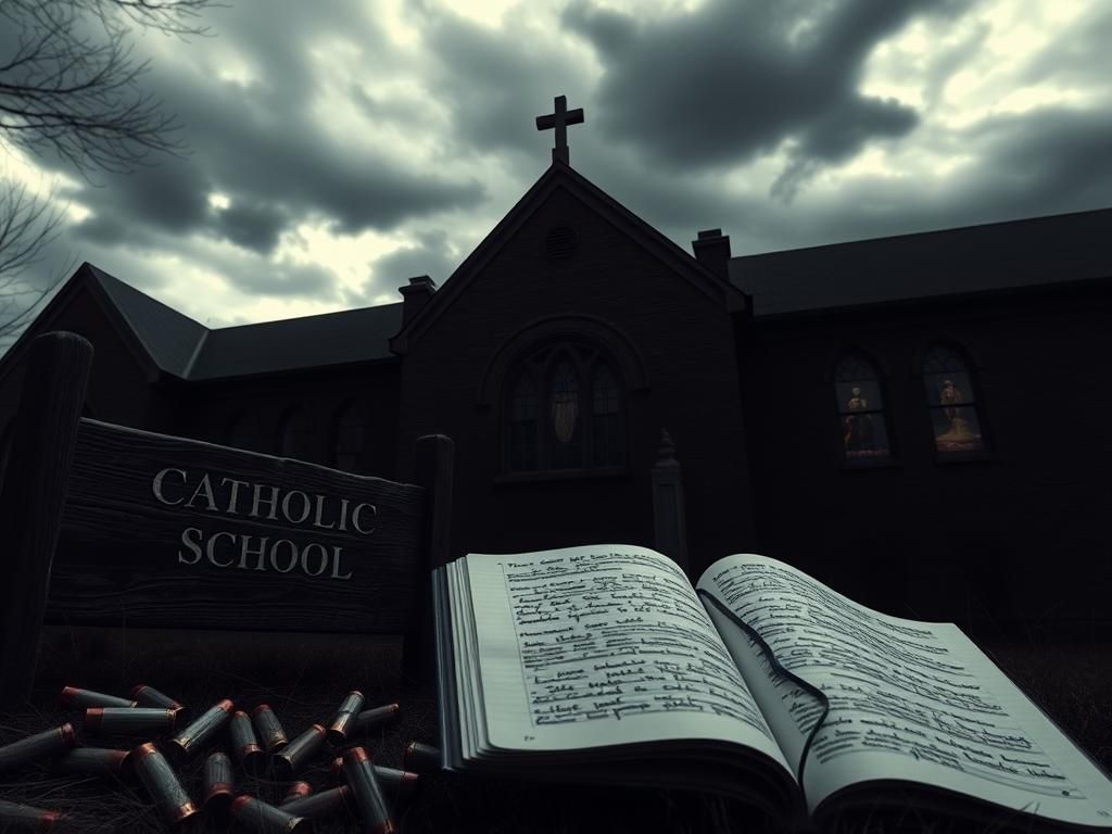 Flick International Dark exterior of a Minneapolis Catholic school showing anti-religious tension after shooting