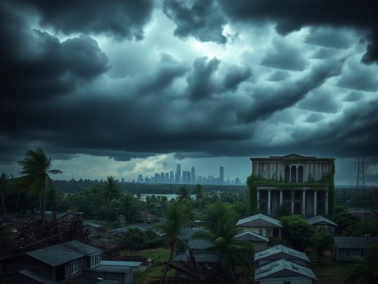 Flick International Dramatic landscape depicting hurricane aftermath with stormy clouds and devastated community