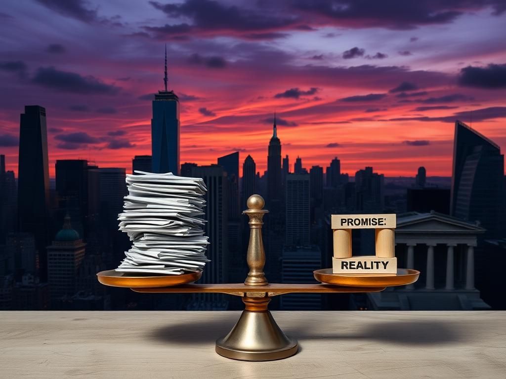 Flick International Dusk skyline of New York City with contrasts of skyscrapers and crumbling infrastructures symbolizing leadership promises versus reality