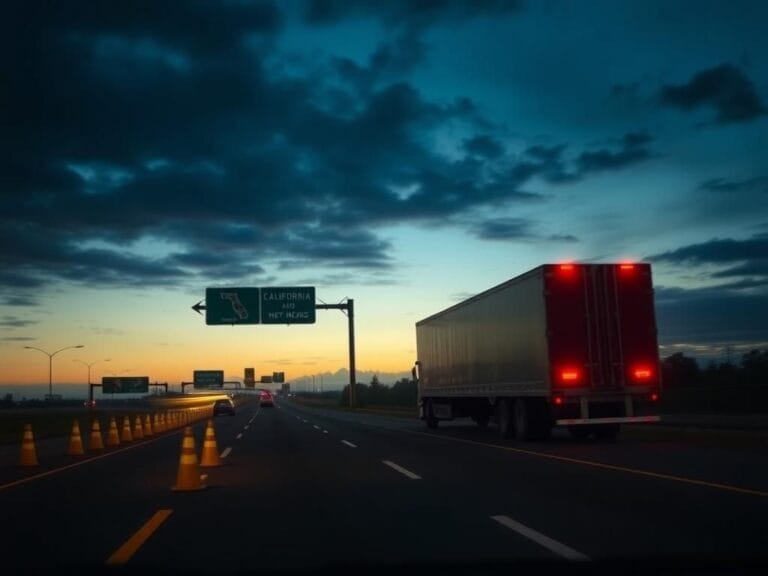 Flick International Dramatic scene of a multi-lane highway in Florida with an oversized tractor-trailer truck stopped on the shoulder after a serious accident.
