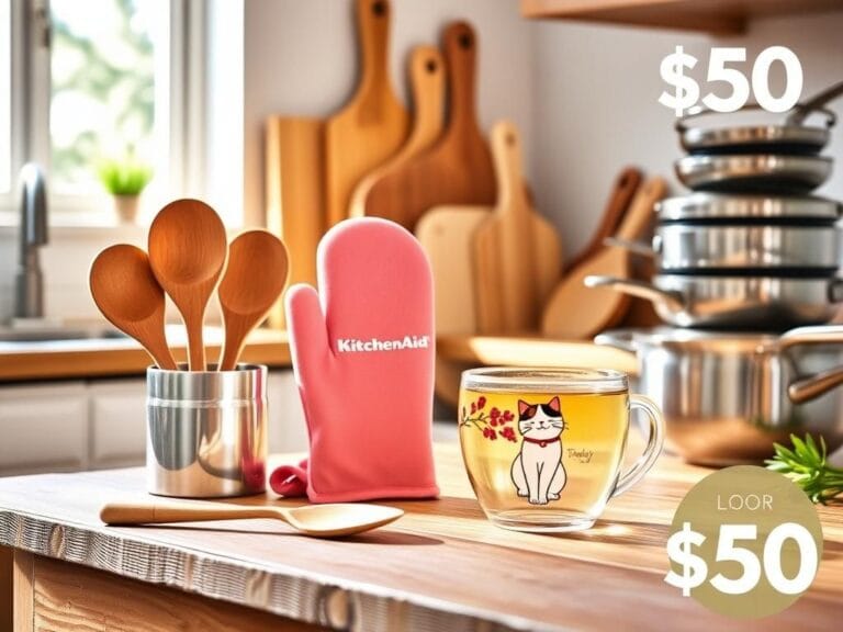 Flick International Vibrant kitchen scene featuring Zulay wooden cooking spoons, KitchenAid silicone oven gloves, and unbreakable glass tea cup