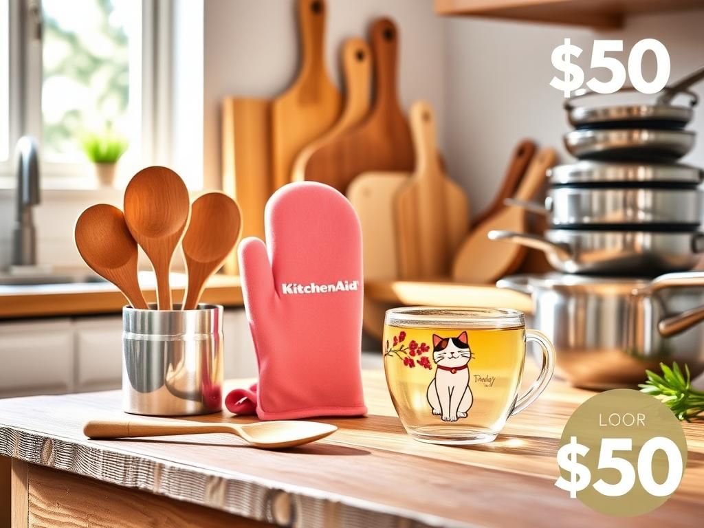 Flick International Vibrant kitchen scene featuring Zulay wooden cooking spoons, KitchenAid silicone oven gloves, and unbreakable glass tea cup