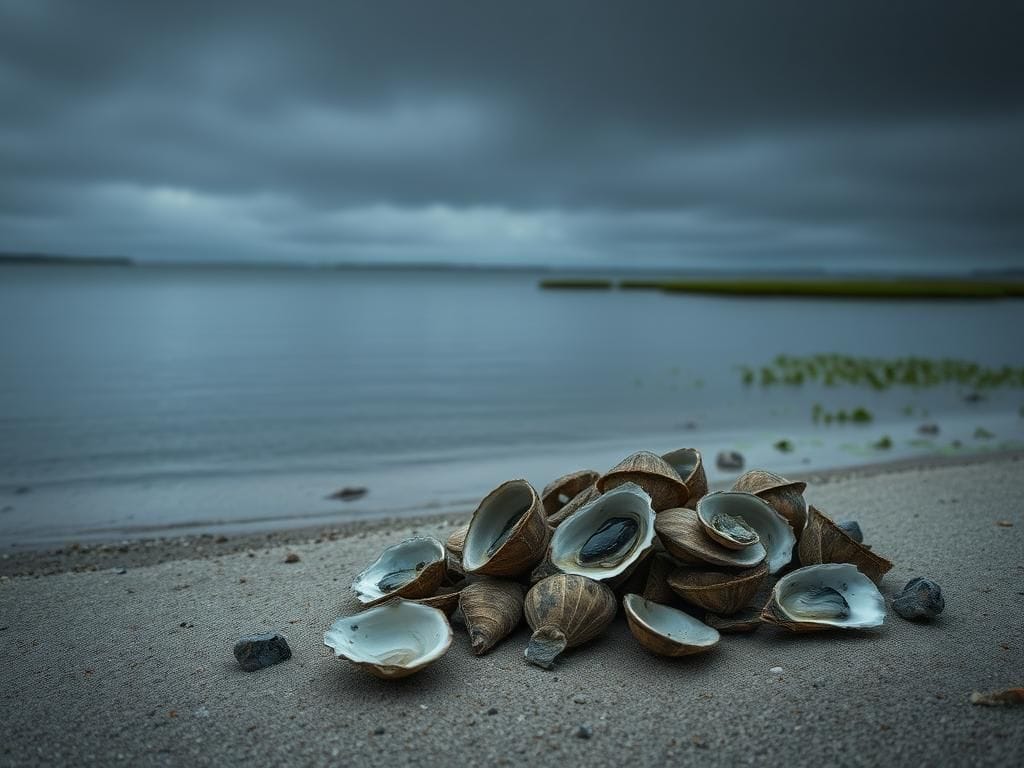 Flick International A pile of discarded oyster shells on a sandy shore under overcast skies, symbolizing contamination and health risks.