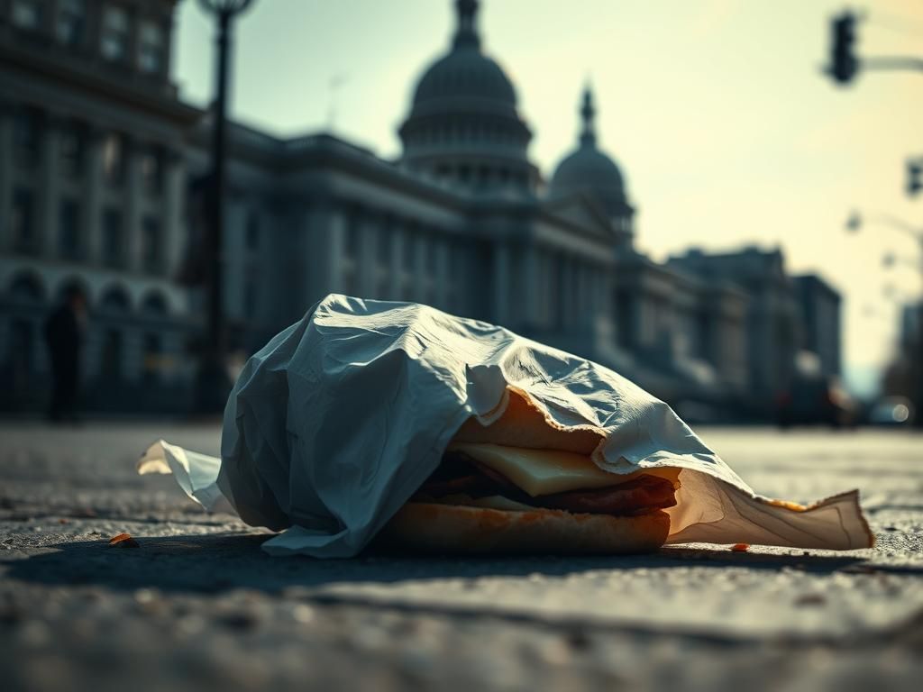 Flick International Close-up of a crumpled sandwich on pavement, reflecting chaos in a serious urban context