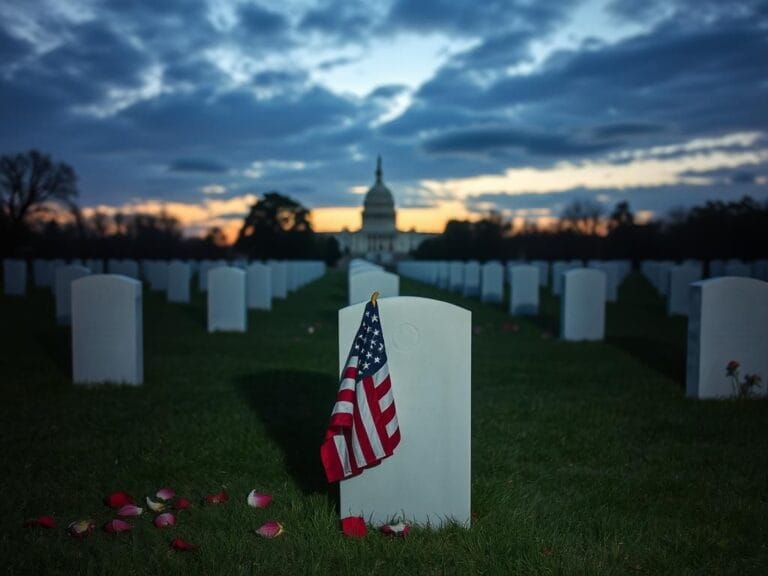 Flick International A somber military cemetery scene at dusk with white gravestones and a folded American flag