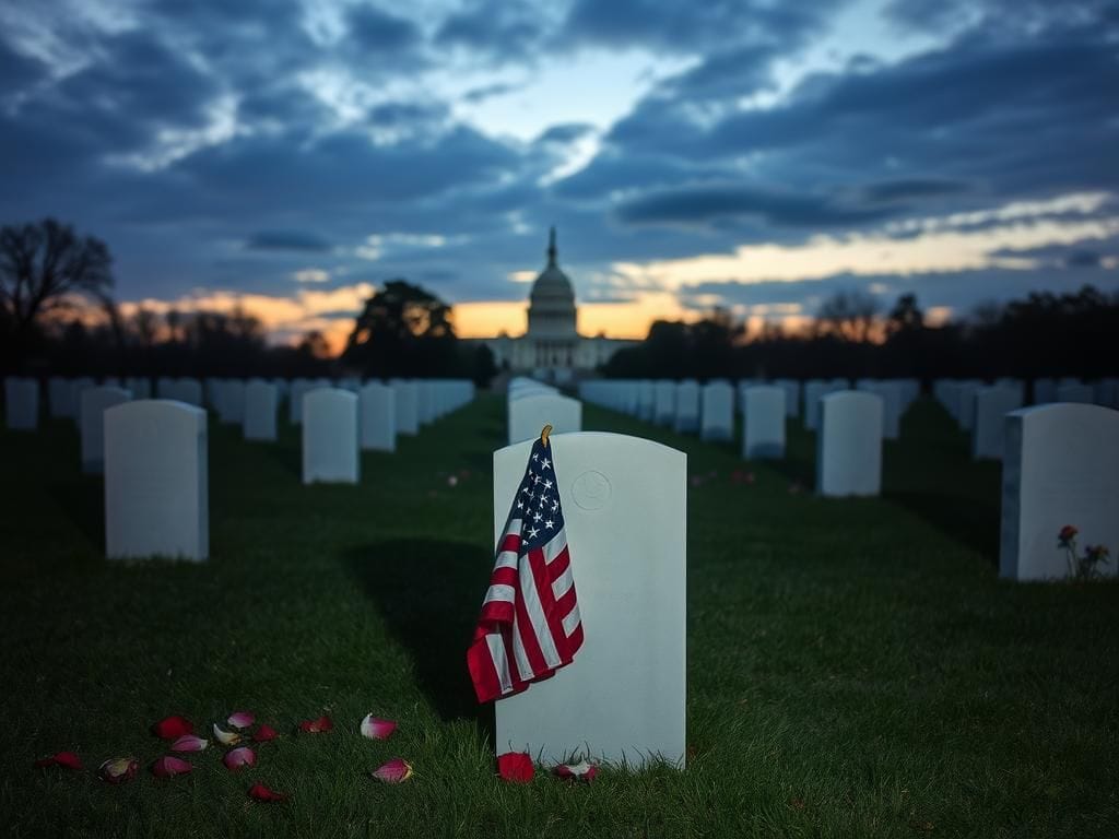 Flick International A somber military cemetery scene at dusk with white gravestones and a folded American flag