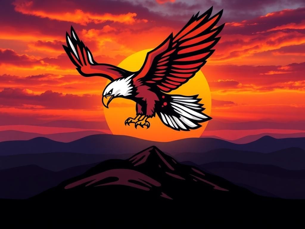Flick International Stylized depiction of a high school Thunderbird mascot soaring against a sunset sky