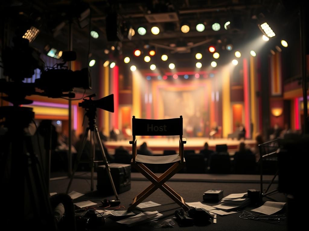 Flick International Dimly lit backstage area of a talk show set with unoccupied camera equipment and cluttered production gear