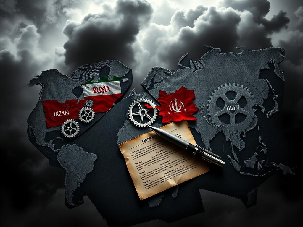 Flick International Dramatic depiction of a fractured world map illustrating geopolitical tensions between Russia, Iran, the United States, and Europe
