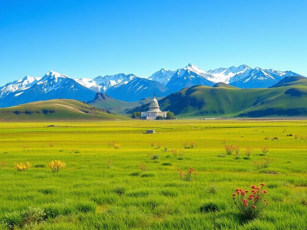 Flick International Aerial view of Alaska's untouched tundra with wildflowers and snow-capped mountains
