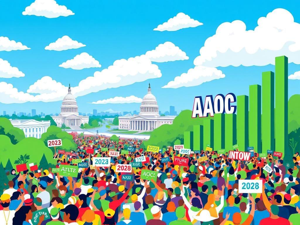 Flick International A vibrant outdoor rally scene depicting support for AOC's 2028 presidential campaign
