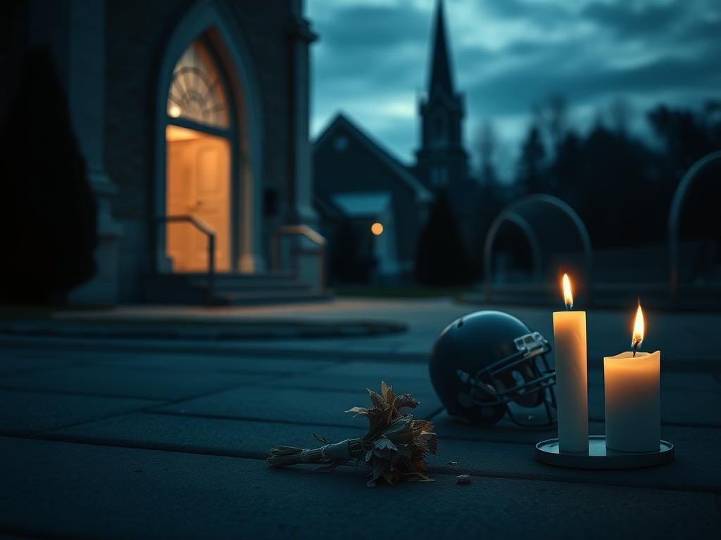 Flick International A reflective scene of a Minnesota church illuminated by soft evening light, surrounded by memorials after a tragedy.