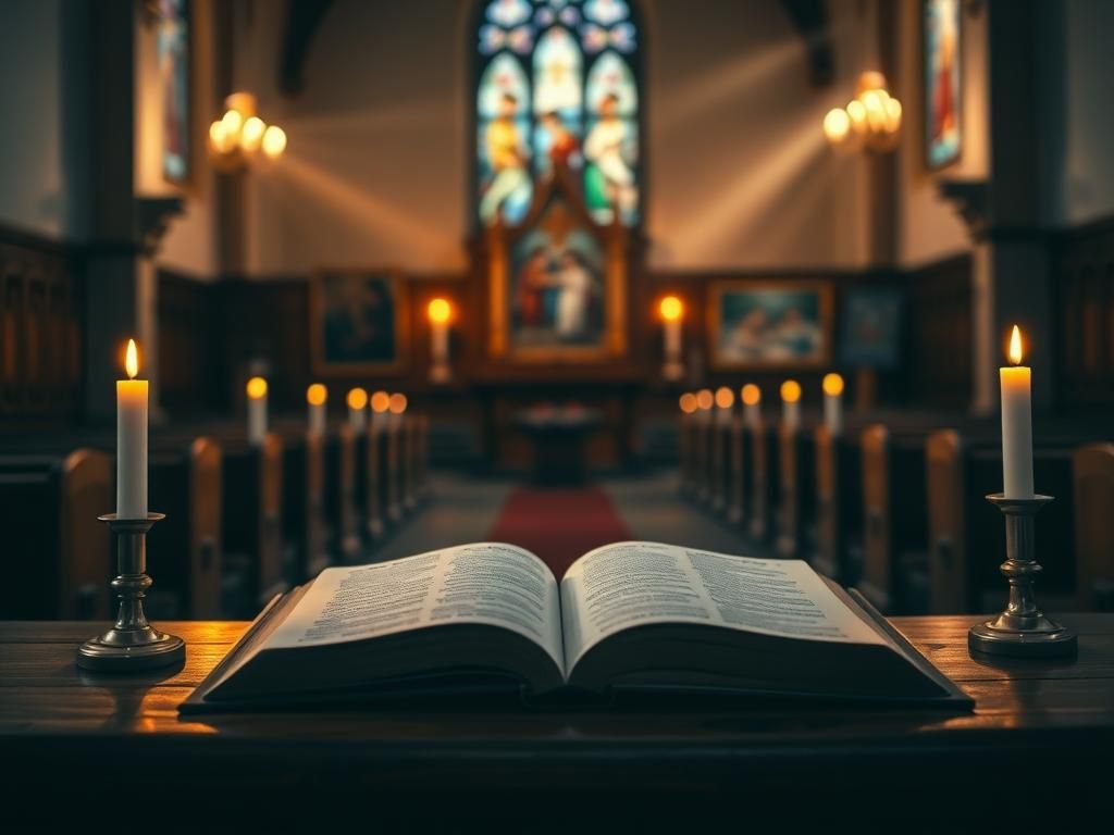 Flick International Empty church interior with candlelight and an open Bible symbolizing prayer and reflection after a tragic event