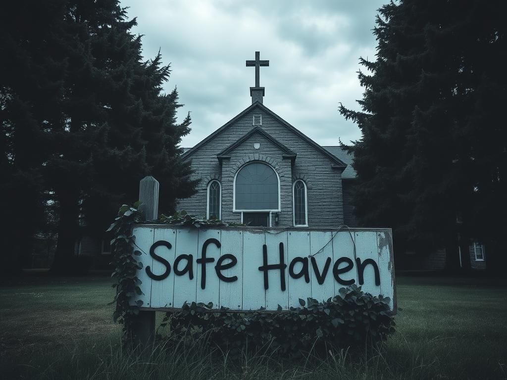 Flick International Hauntingly serene closed Catholic school building surrounded by tall trees