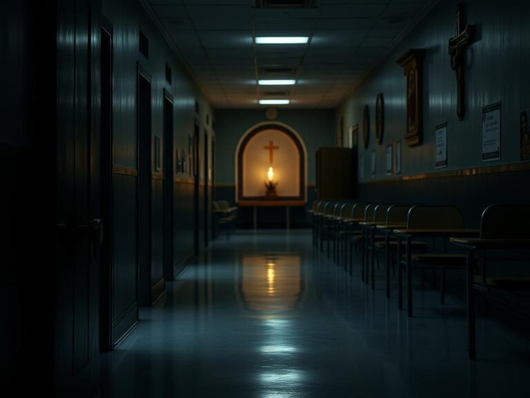 Flick International Dimly lit corridor in a Catholic school highlighting security concerns