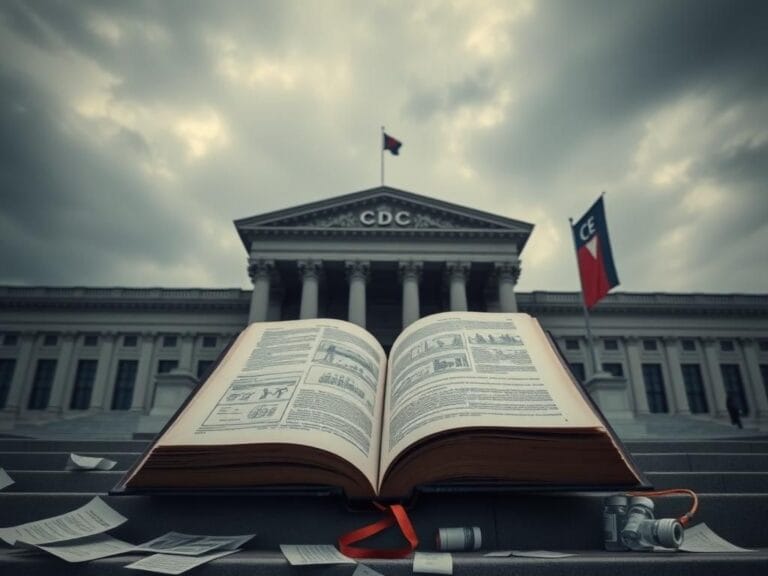 Flick International Dramatic exterior view of the CDC building under an overcast sky, symbolizing tension and conflict