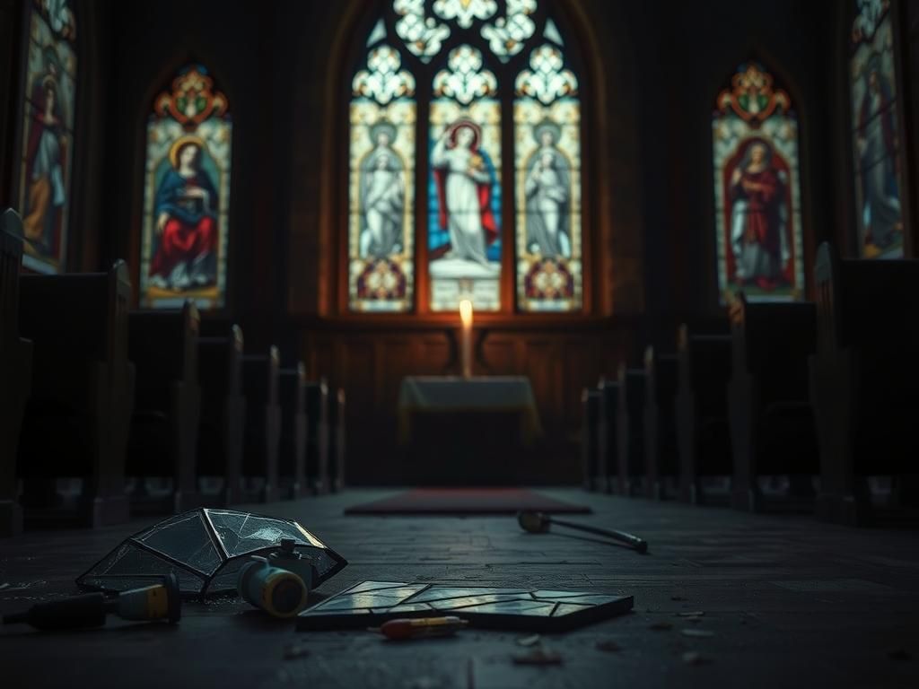 Flick International Interior of a dimly lit church with shattered stained-glass windows and abandoned personal items