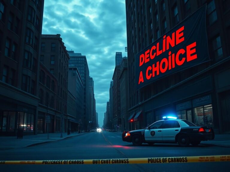 Flick International A desolate twilight city street in Chicago, depicting a police car and an abandoned landscape reflecting crime concerns.