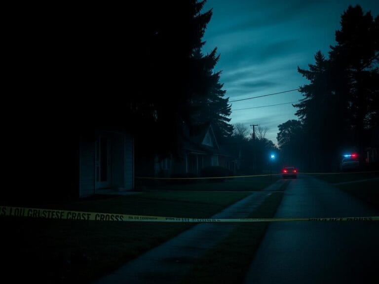 Flick International Ominous suburban street at dawn with police tape and items indicating disturbance