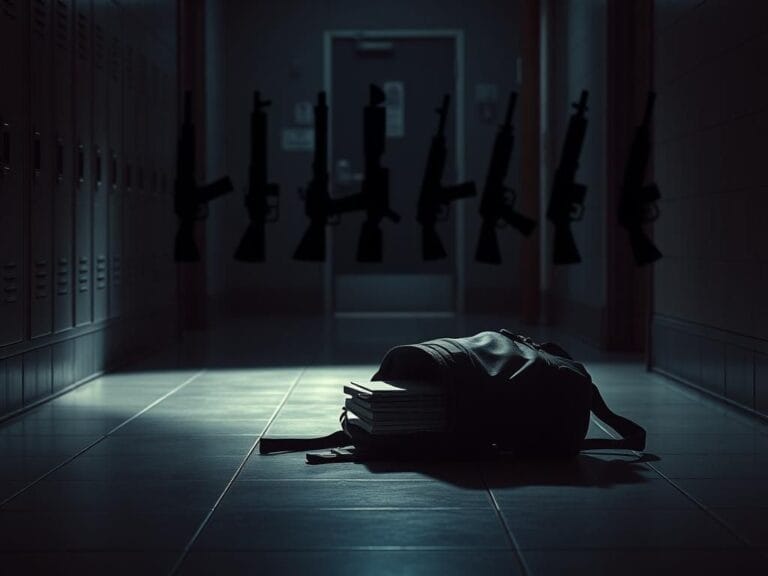 Flick International Abandoned school hallway with backpack and scattered books hinting at a potential threat