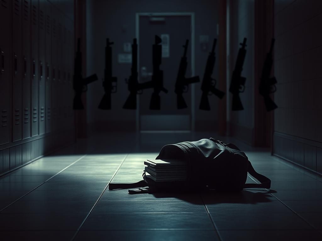 Flick International Abandoned school hallway with backpack and scattered books hinting at a potential threat