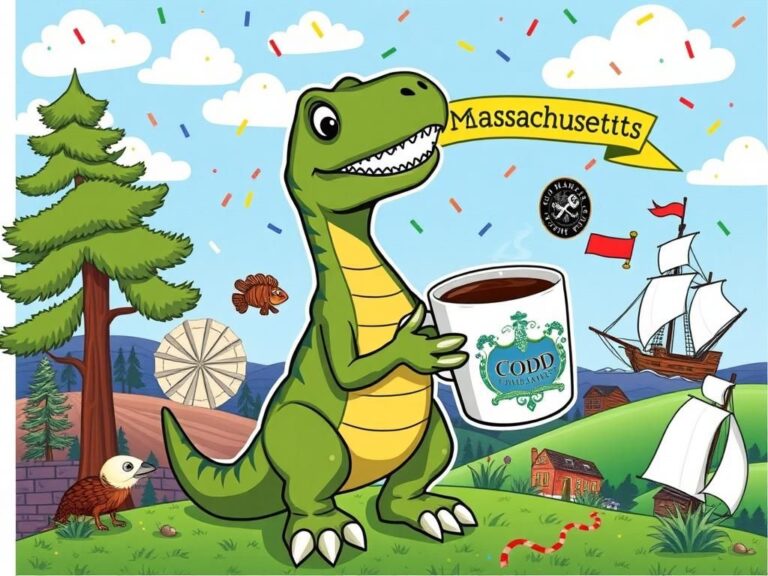 Flick International Cartoon velociraptor holding a coffee cup in a Massachusetts landscape