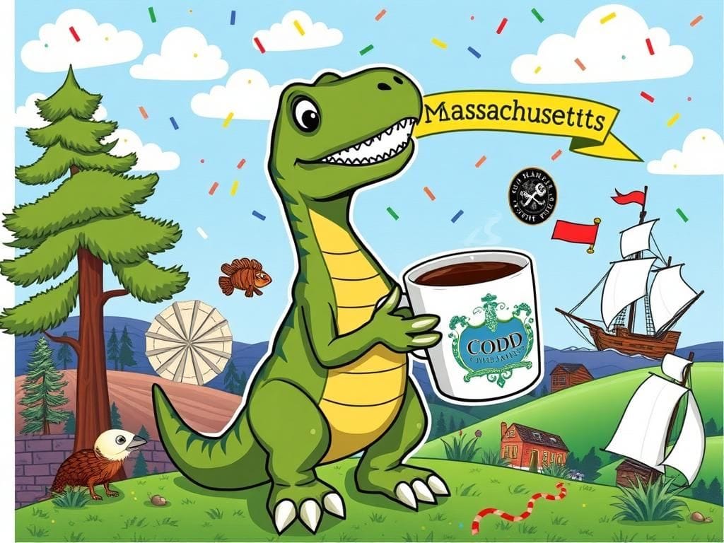 Flick International Cartoon velociraptor holding a coffee cup in a Massachusetts landscape