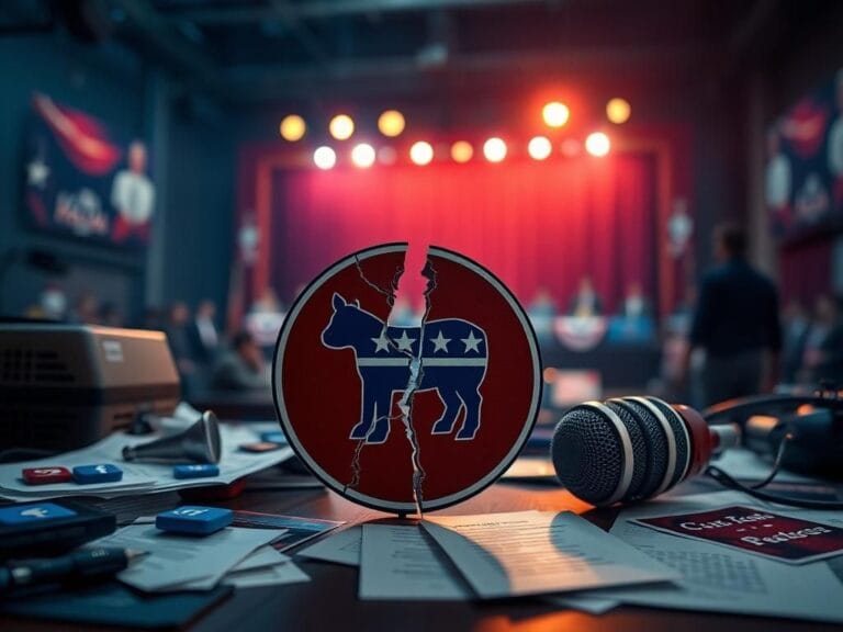 Flick International Close-up of a broken Democratic Party emblem surrounded by communication tools and campaign materials