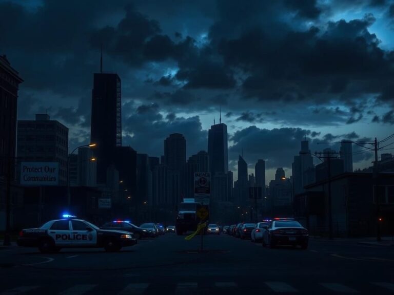 Flick International Dramatic urban landscape of Chicago at dusk with police cars and ominous clouds