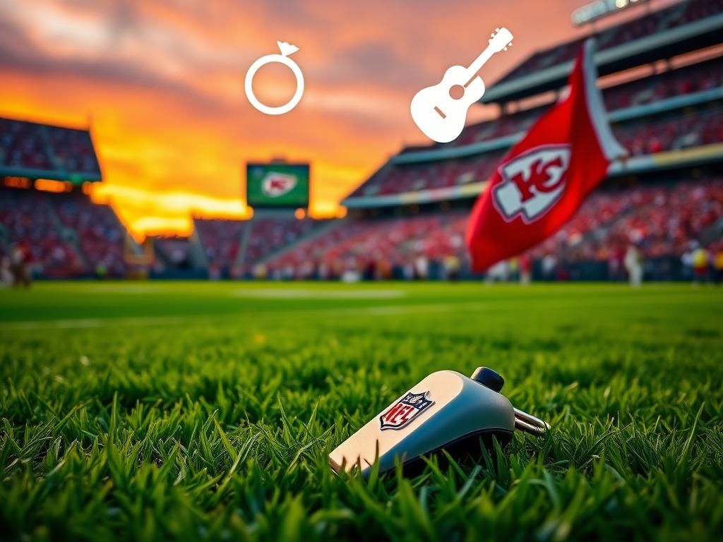 Flick International A dynamic football field scene at sunset with a prominent NFL referee's whistle in the foreground and a Kansas City Chiefs flag waving.