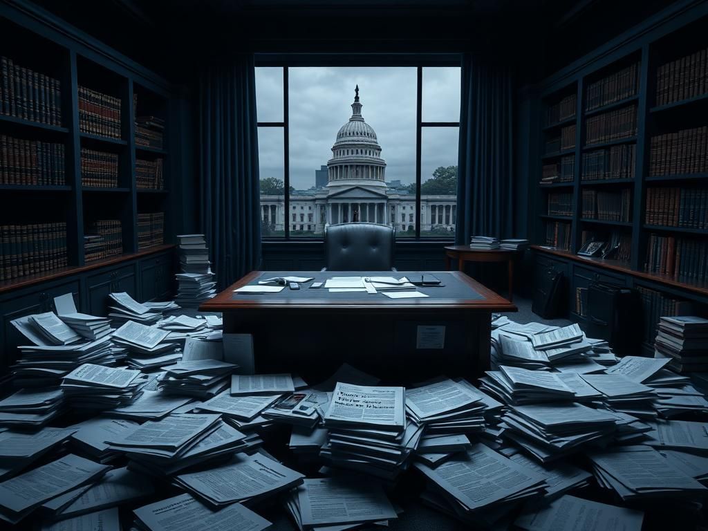 Flick International Somber office setting with a large wooden desk and scattered documents about the Trump-Russia probe