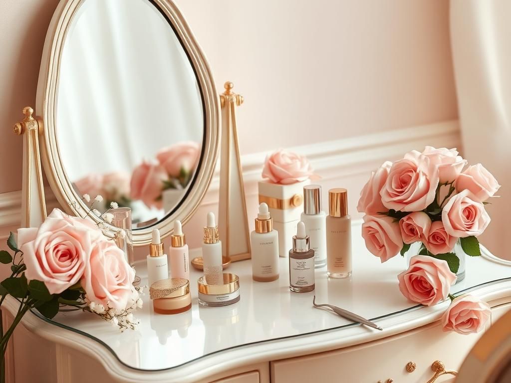 Flick International A serene boudoir with a luxurious vanity, showcasing beauty products and a vintage mirror.