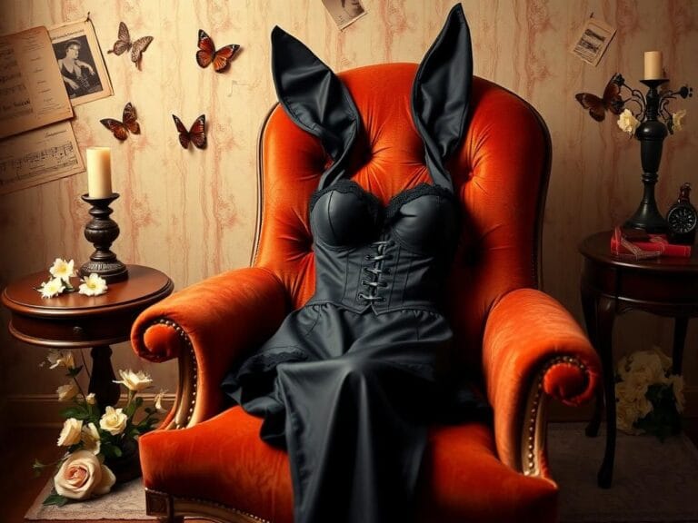 Flick International Vintage Playboy bunny costume draped over an antique velvet chair