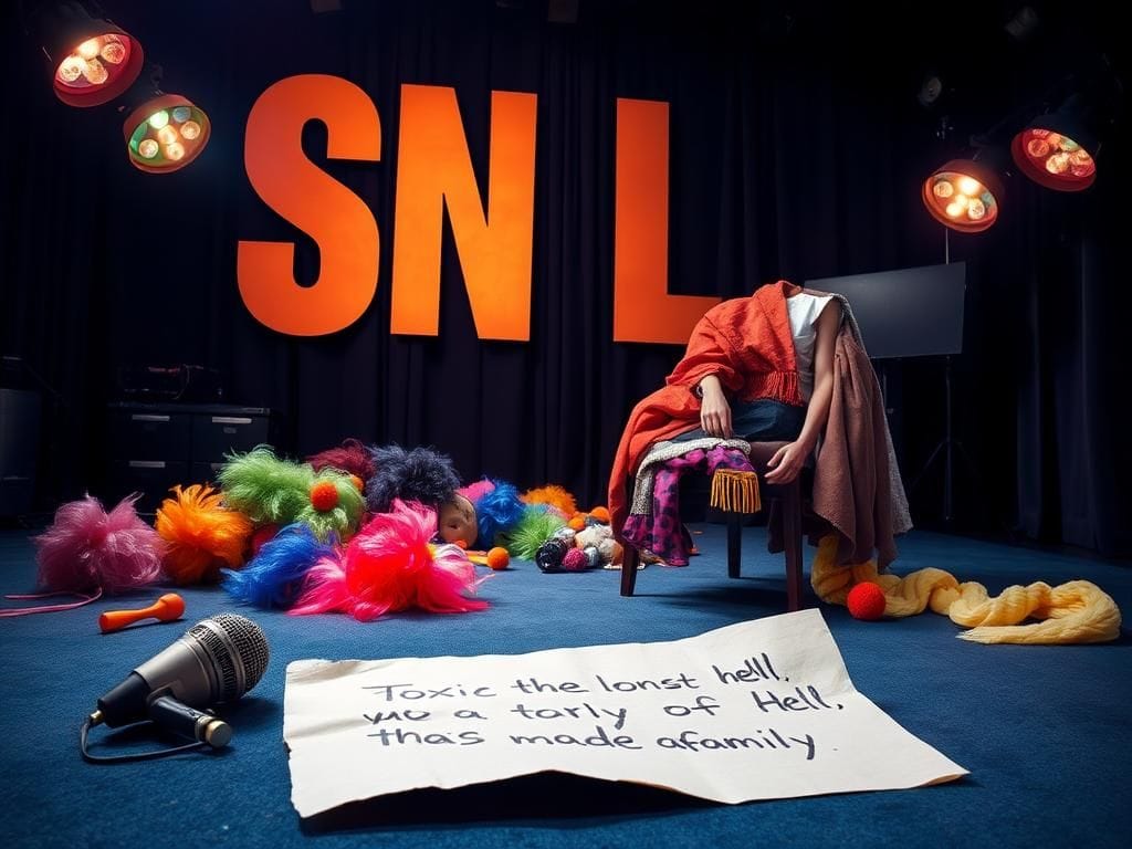 Flick International Dimly lit backstage SNL stage with vintage microphone and colorful props