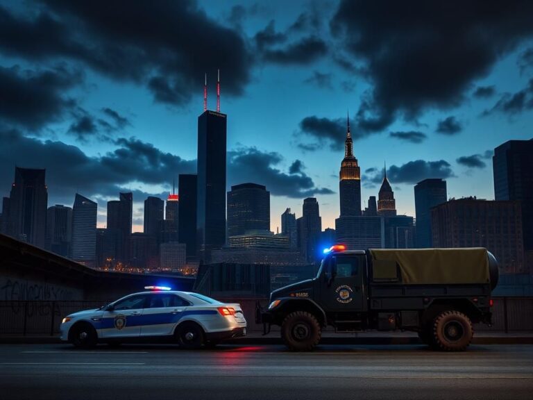 Flick International Dramatic view of Chicago and New York City skyline with police presence and a National Guard vehicle symbolizing urban tensions