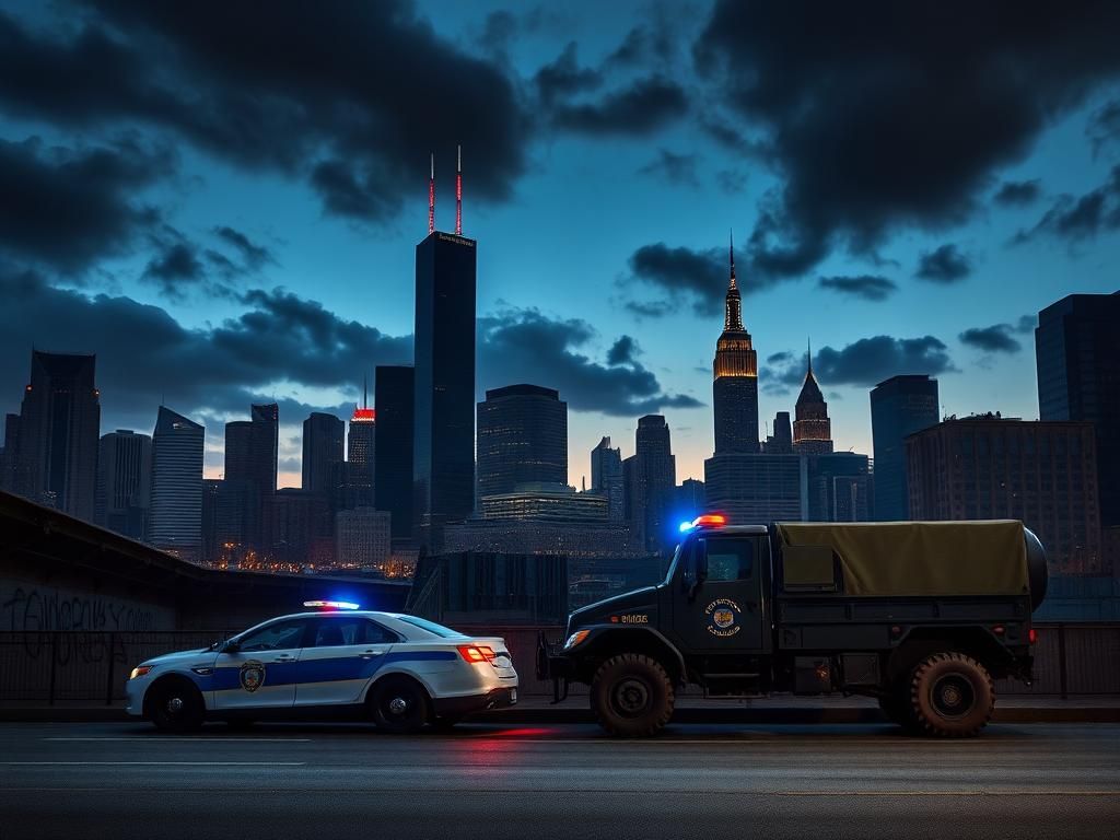Flick International Dramatic view of Chicago and New York City skyline with police presence and a National Guard vehicle symbolizing urban tensions