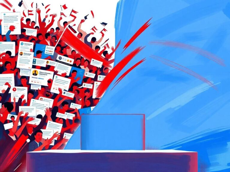 Flick International A split scene illustrating the contrast between political chaos and authenticity, featuring a caricature of social media chaos alongside a serene podium.