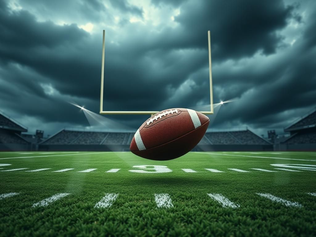 Flick International Close-up of a football in mid-flight over a green turf during a dramatic NFL moment