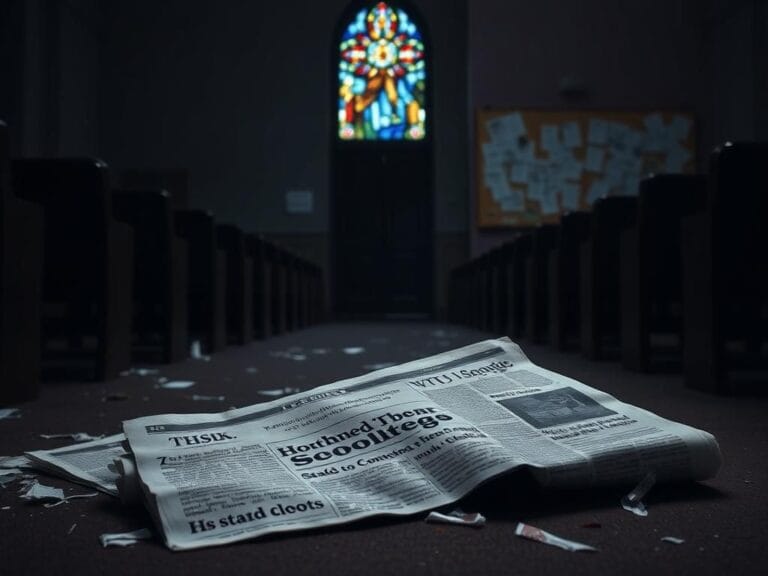 Flick International Dimly lit interior of an empty church with a shattered stained glass window, symbolizing tragedy and hope