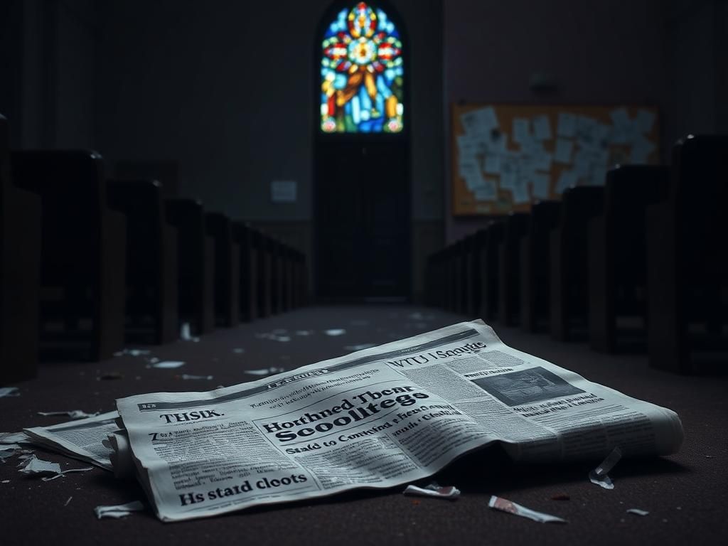 Flick International Dimly lit interior of an empty church with a shattered stained glass window, symbolizing tragedy and hope