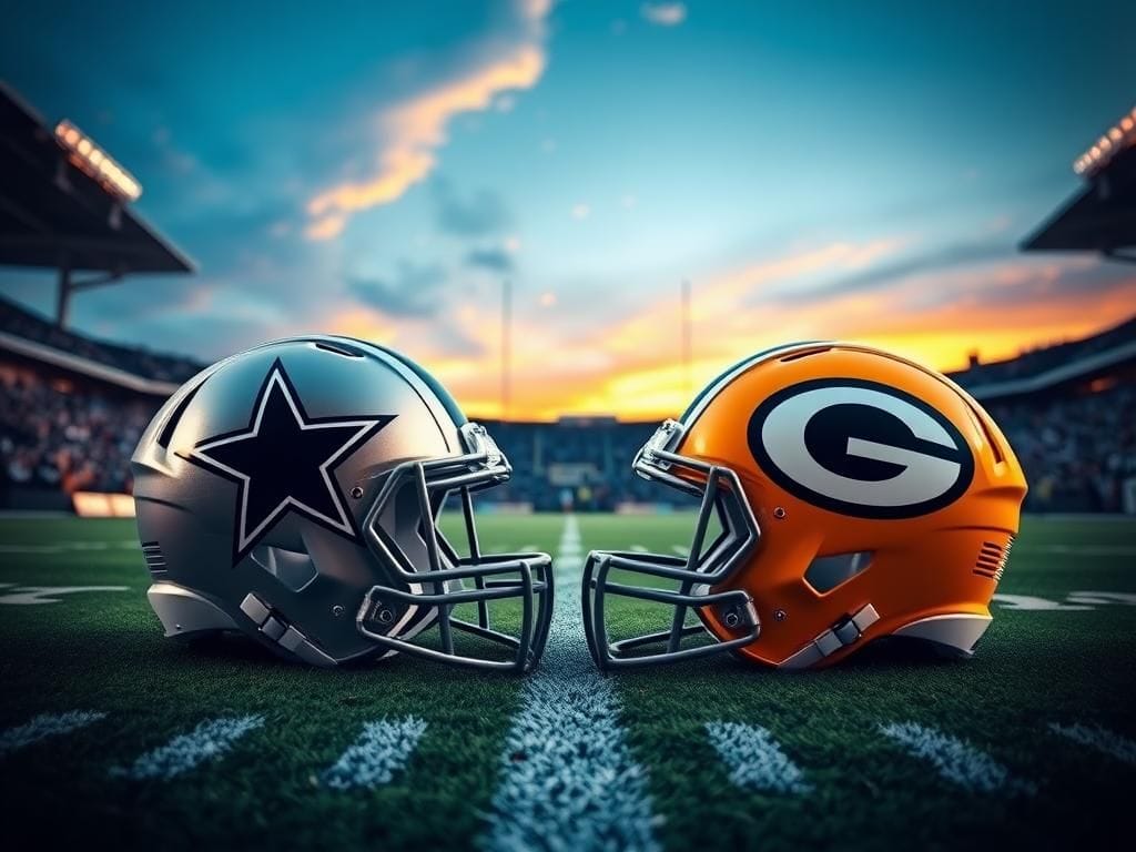 Flick International Tense moment between Dallas Cowboys and Green Bay Packers helmets during a game