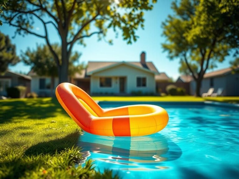 Flick International Serene backyard scene with a family swimming pool and tipped-over inflatable chair, symbolizing a tragic moment in childhood.