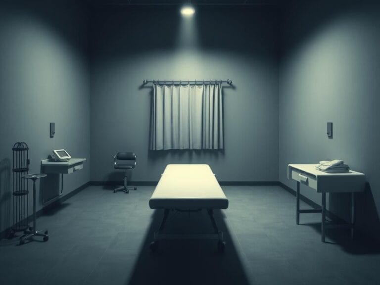 Flick International Dimly lit execution chamber with a white gurney and medical equipment