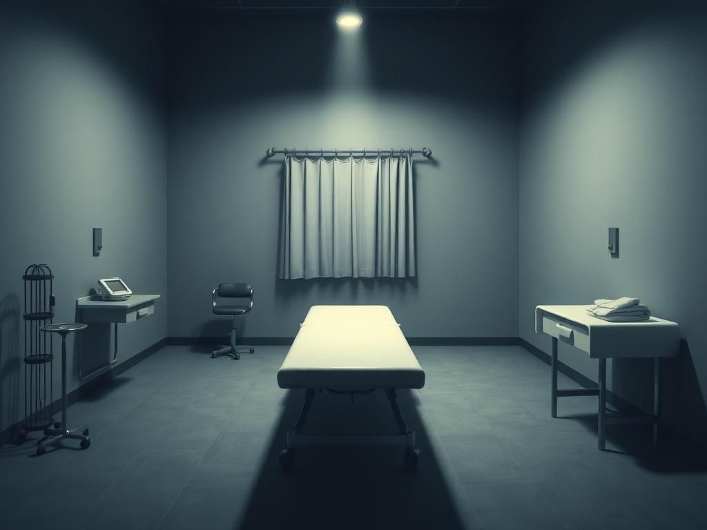 Flick International Dimly lit execution chamber with a white gurney and medical equipment