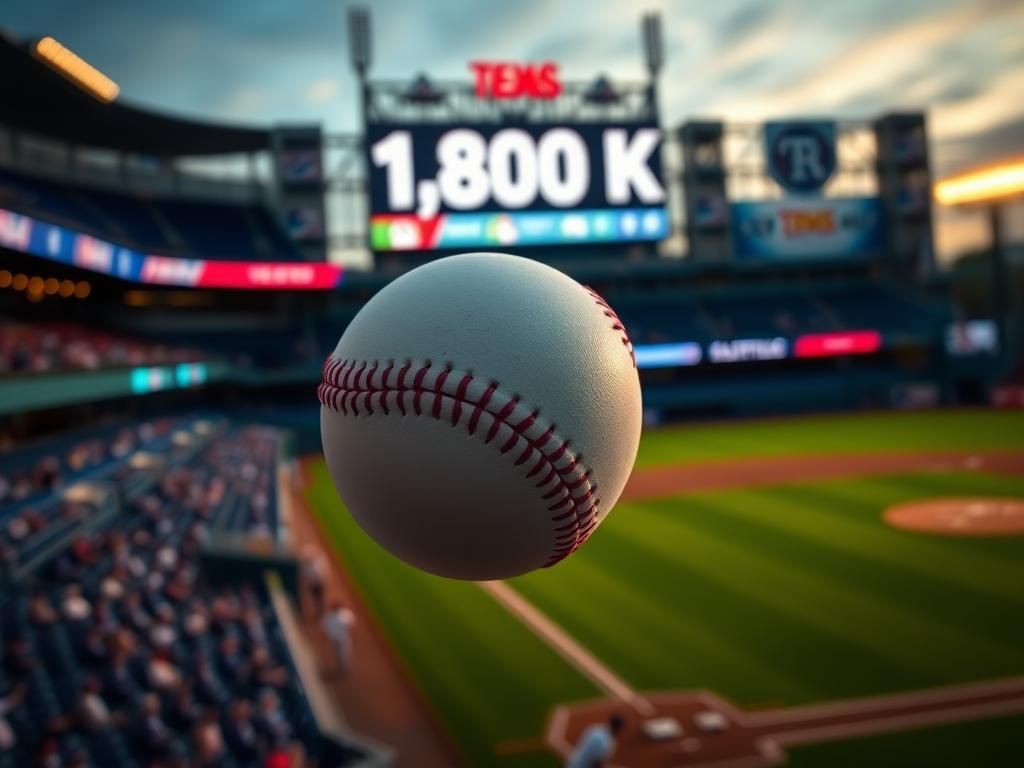 Flick International Close-up of a baseball in mid-air during a Rangers game, showcasing Jacob deGrom's strikeout record achievement.
