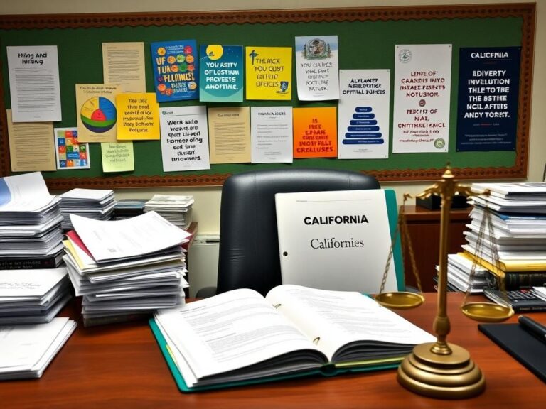 Flick International A formal office setting at the California EPA showcasing diverse hiring materials and a scale of justice.