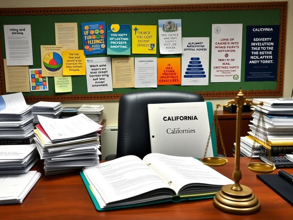 Flick International A formal office setting at the California EPA showcasing diverse hiring materials and a scale of justice.